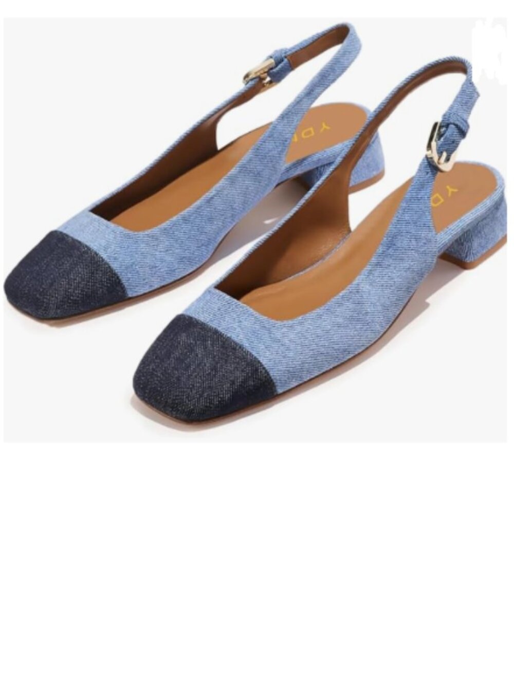 YDN Denim Blue Square Toe Strap Buckle Slingback Pumps Two Toned Low Thick Heels